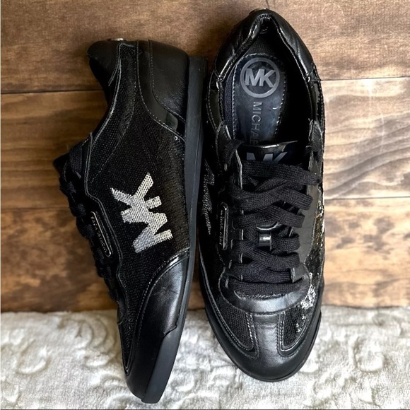 Michael Kors Lace Up Sneakers Sz 6.5M Women Black Sequin Leather Trim Fashion EC - Picture 4 of 13